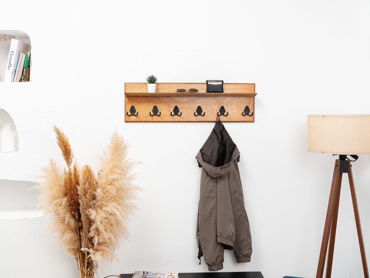 Rustic Wall Mounted Coat Rack with Shelf, Handmade Wooden Entryway Organizer with Hooks, Farmhouse Key Holder, Hallway Storage