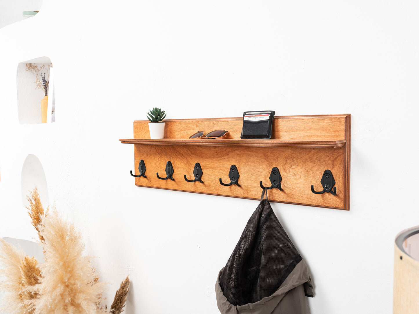 Rustic Wall Mounted Coat Rack with Shelf, Handmade Wooden Entryway Organizer with Hooks, Farmhouse Key Holder, Hallway Storage