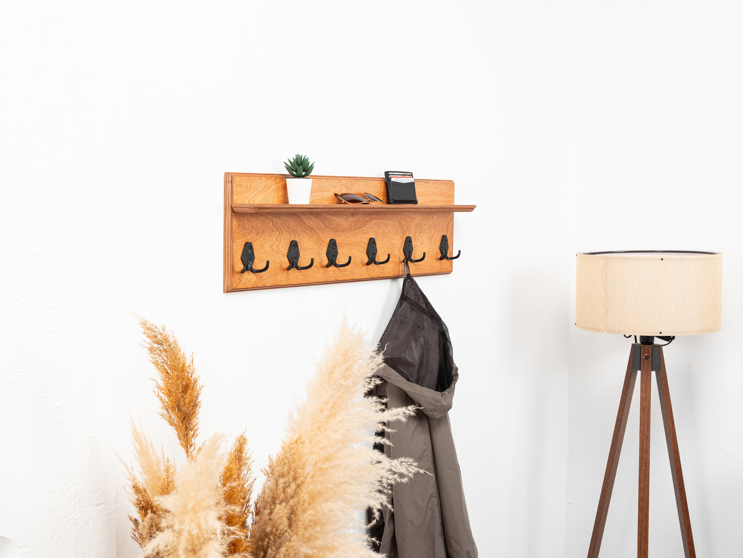 Rustic Wall Mounted Coat Rack with Shelf, Handmade Wooden Entryway Organizer with Hooks, Farmhouse Key Holder, Hallway Storage