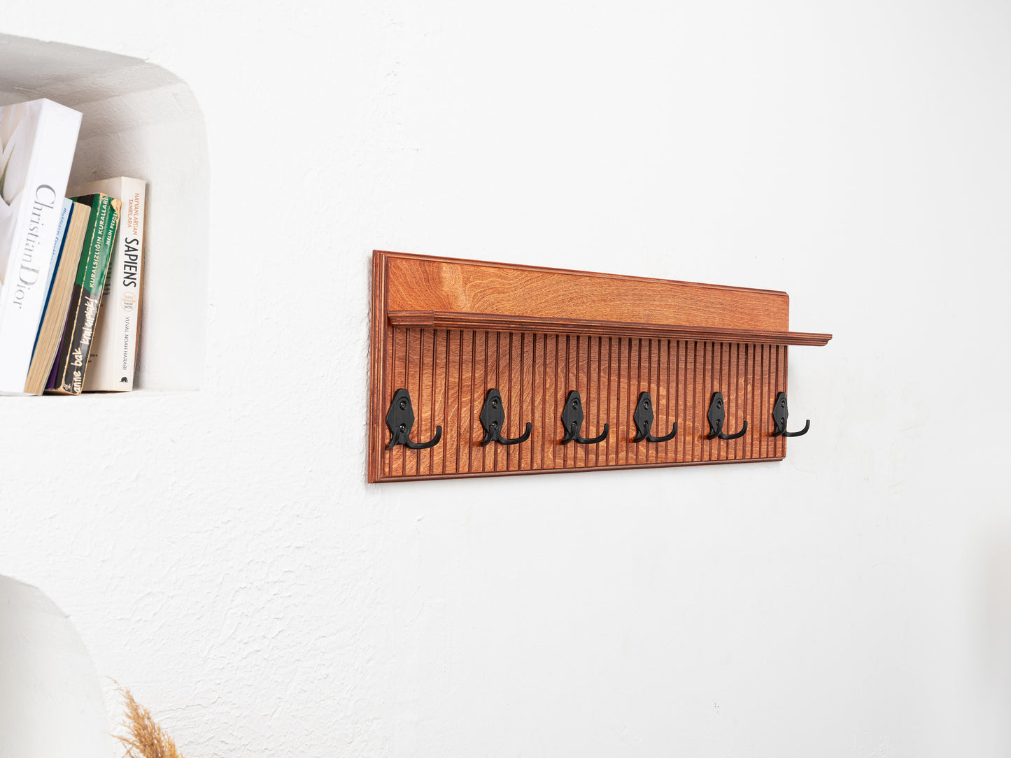Rustic Wall Mounted Coat Rack with Shelf, Handmade Wooden Entryway Organizer with Hooks, Farmhouse Key Holder, Hallway Storage
