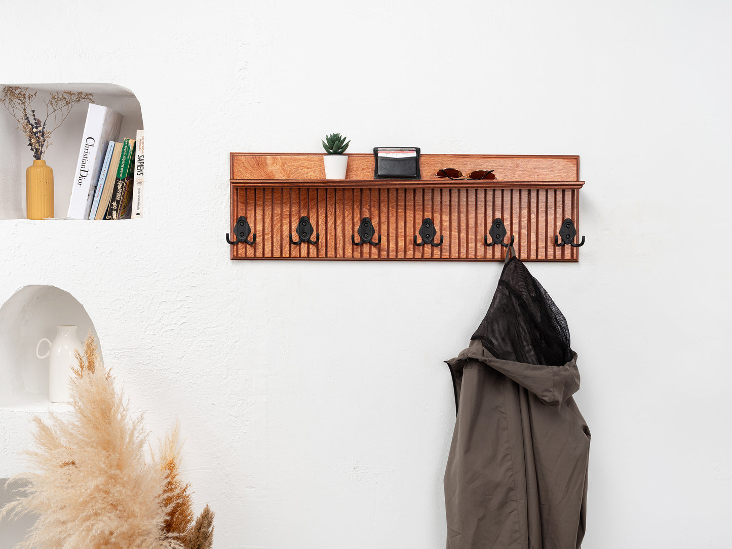 Rustic Wall Mounted Coat Rack with Shelf, Handmade Wooden Entryway Organizer with Hooks, Farmhouse Key Holder, Hallway Storage