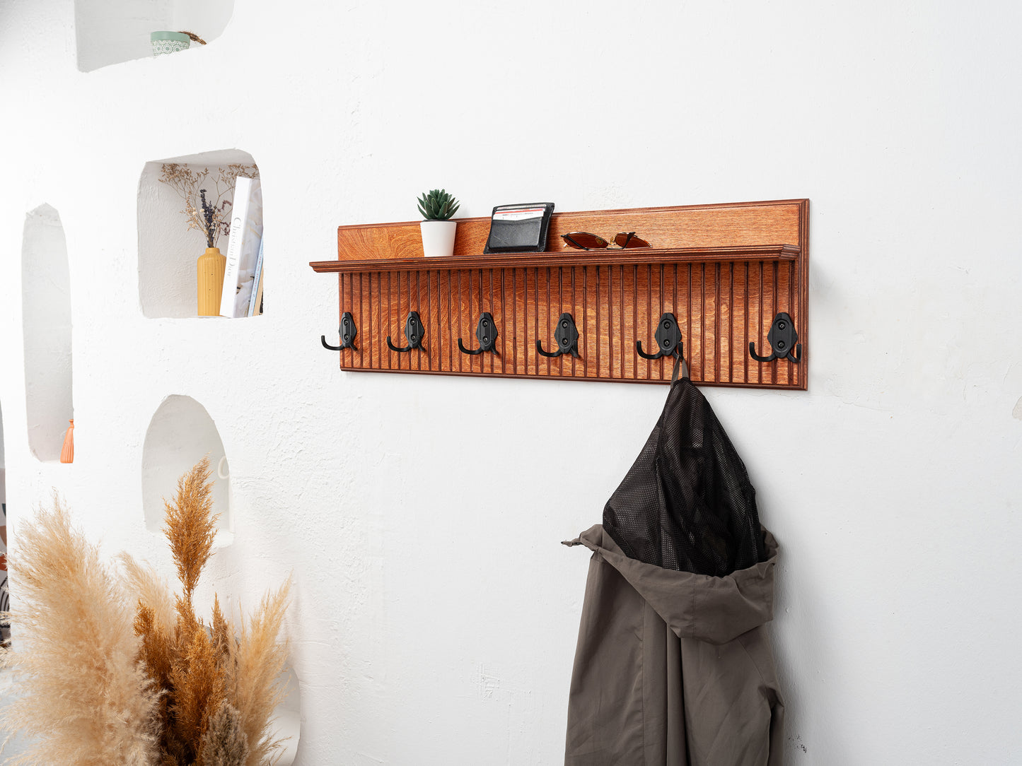 Rustic Wall Mounted Coat Rack with Shelf, Handmade Wooden Entryway Organizer with Hooks, Farmhouse Key Holder, Hallway Storage