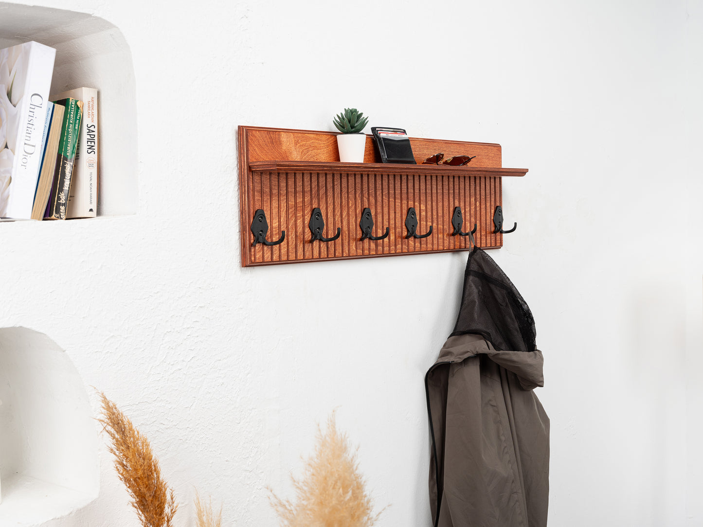 Rustic Wall Mounted Coat Rack with Shelf, Handmade Wooden Entryway Organizer with Hooks, Farmhouse Key Holder, Hallway Storage