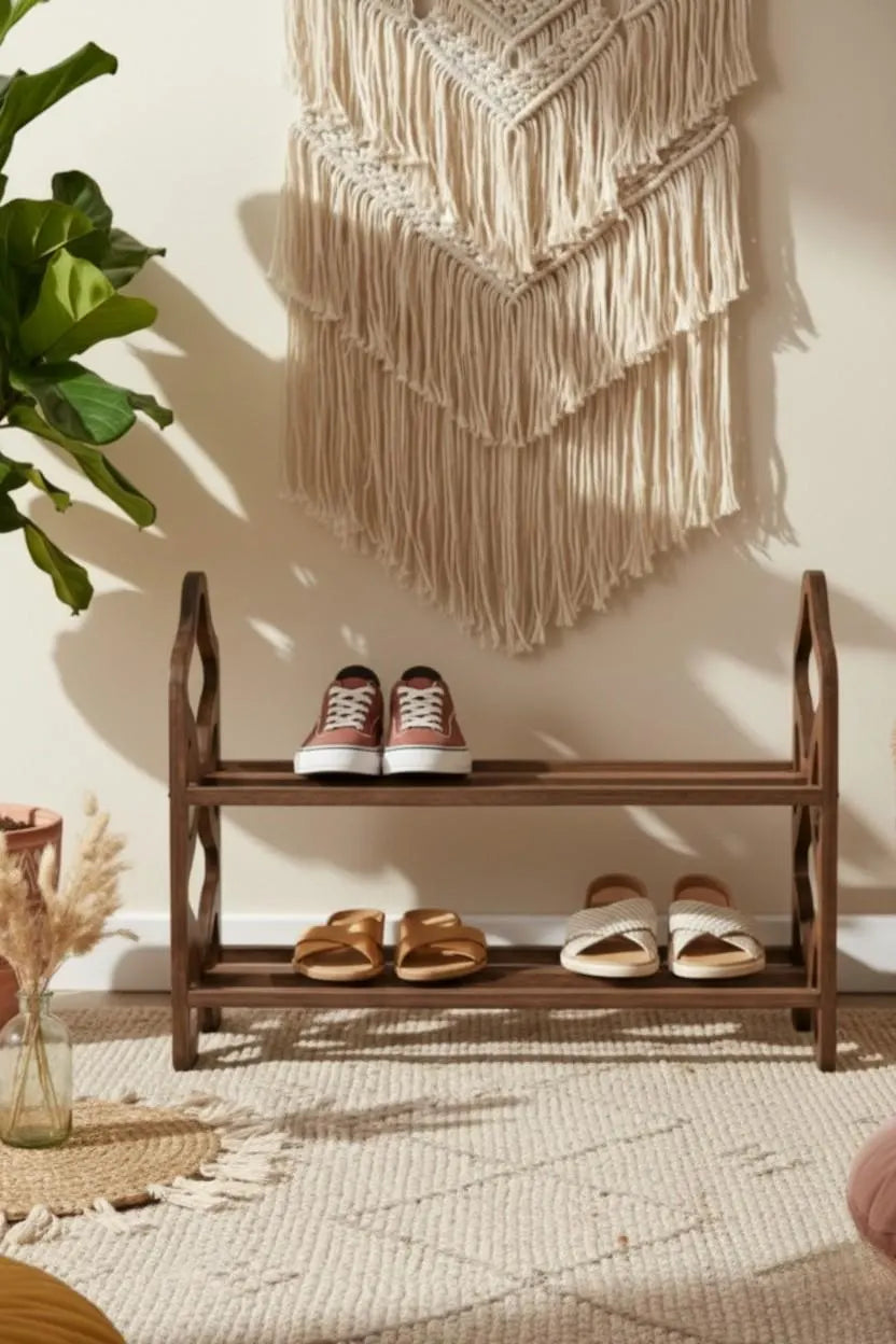 Decorative Wooden Shoe Rack with Laser Cut Side Panels