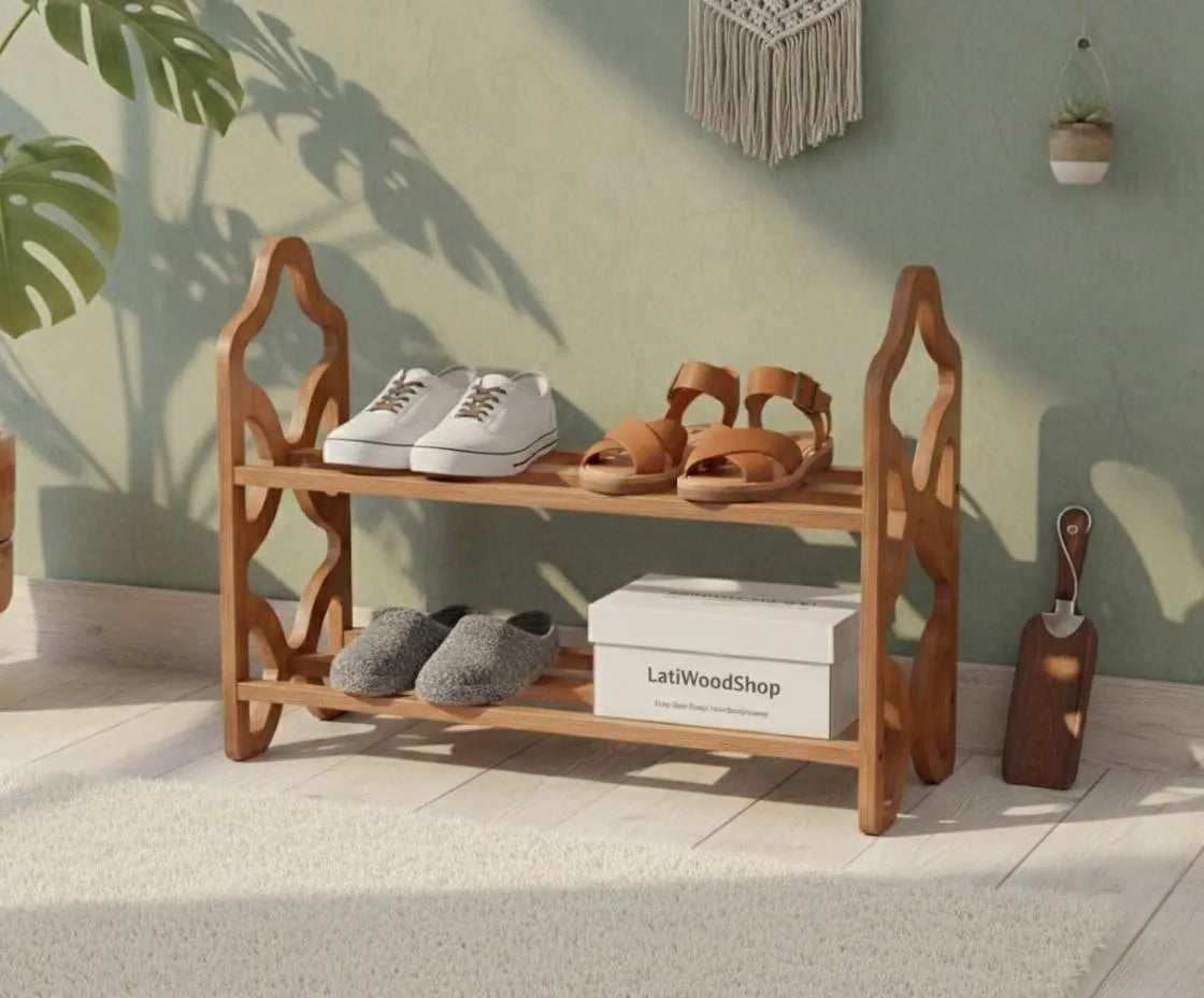 Decorative Wooden Shoe Rack with Laser Cut Side Panels