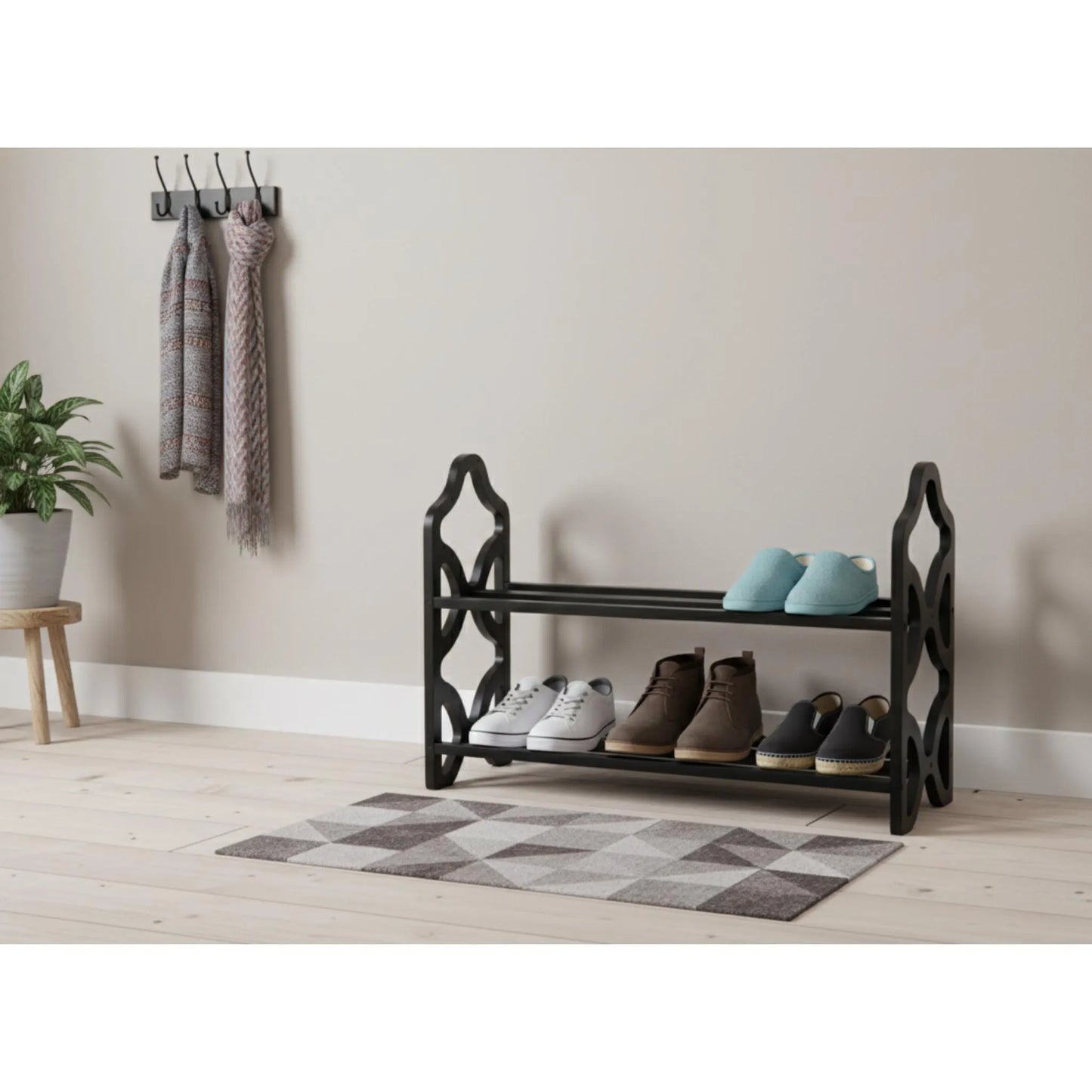Decorative Wooden Shoe Rack with Laser Cut Side Panels