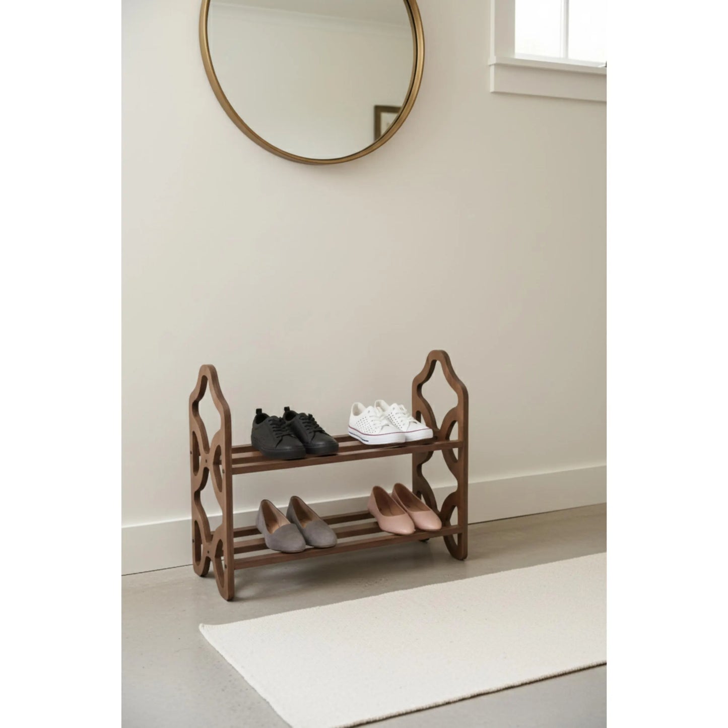 Decorative Wooden Shoe Rack with Laser Cut Side Panels