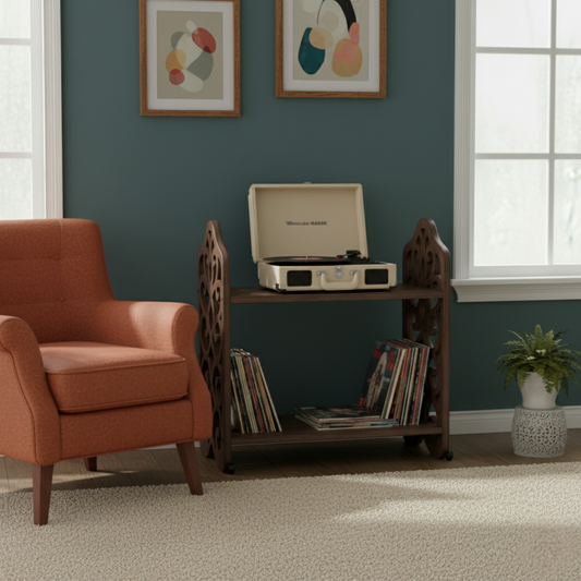 Handcrafted Record Player Stand with Vinyl Storage | Solid Wood Turntable Table | Boho Console Shelf