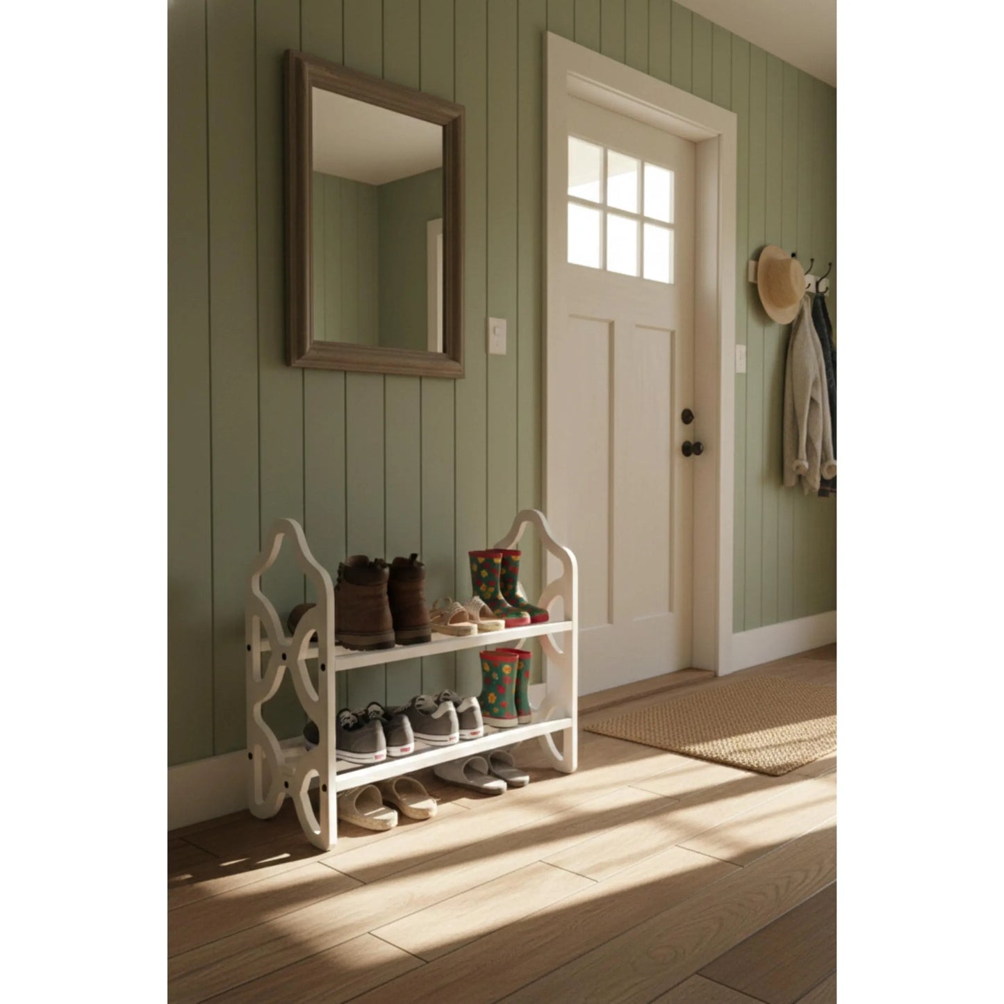 Decorative Wooden Shoe Rack with Laser Cut Side Panels
