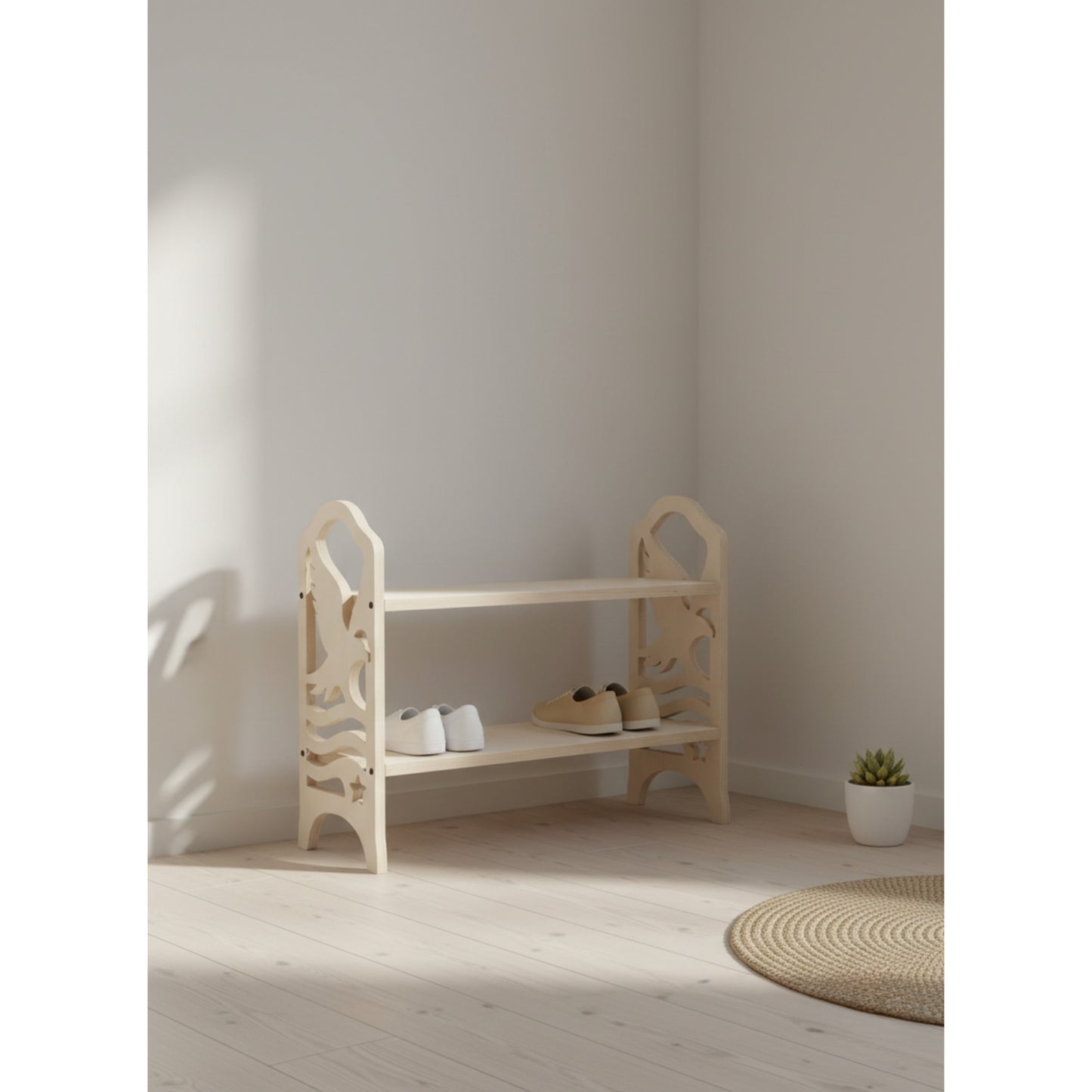 Handmade Wooden Shoe Rack with Eagle Cutout – 2 Tier, Natural Birch Plywood