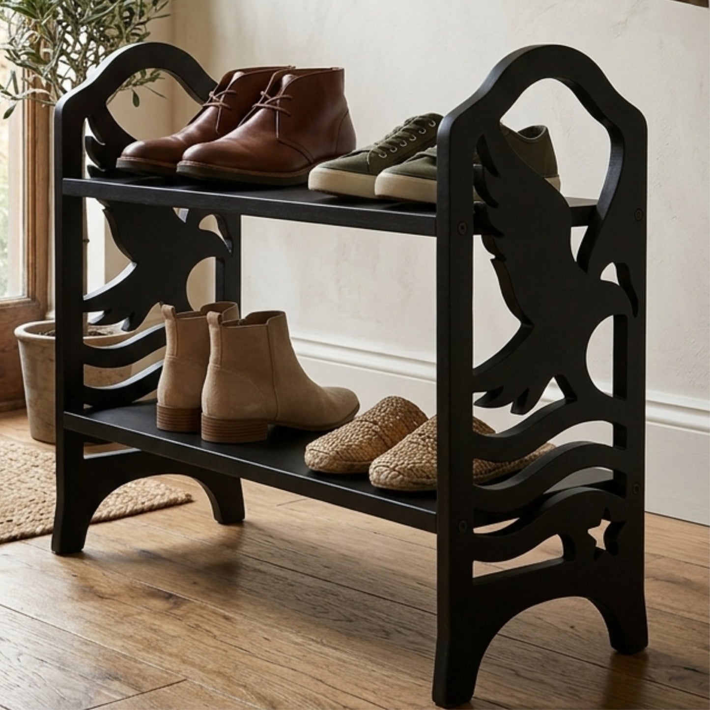 Eagle Design Wooden Shoe Rack – 2 Tier Entryway Organizer