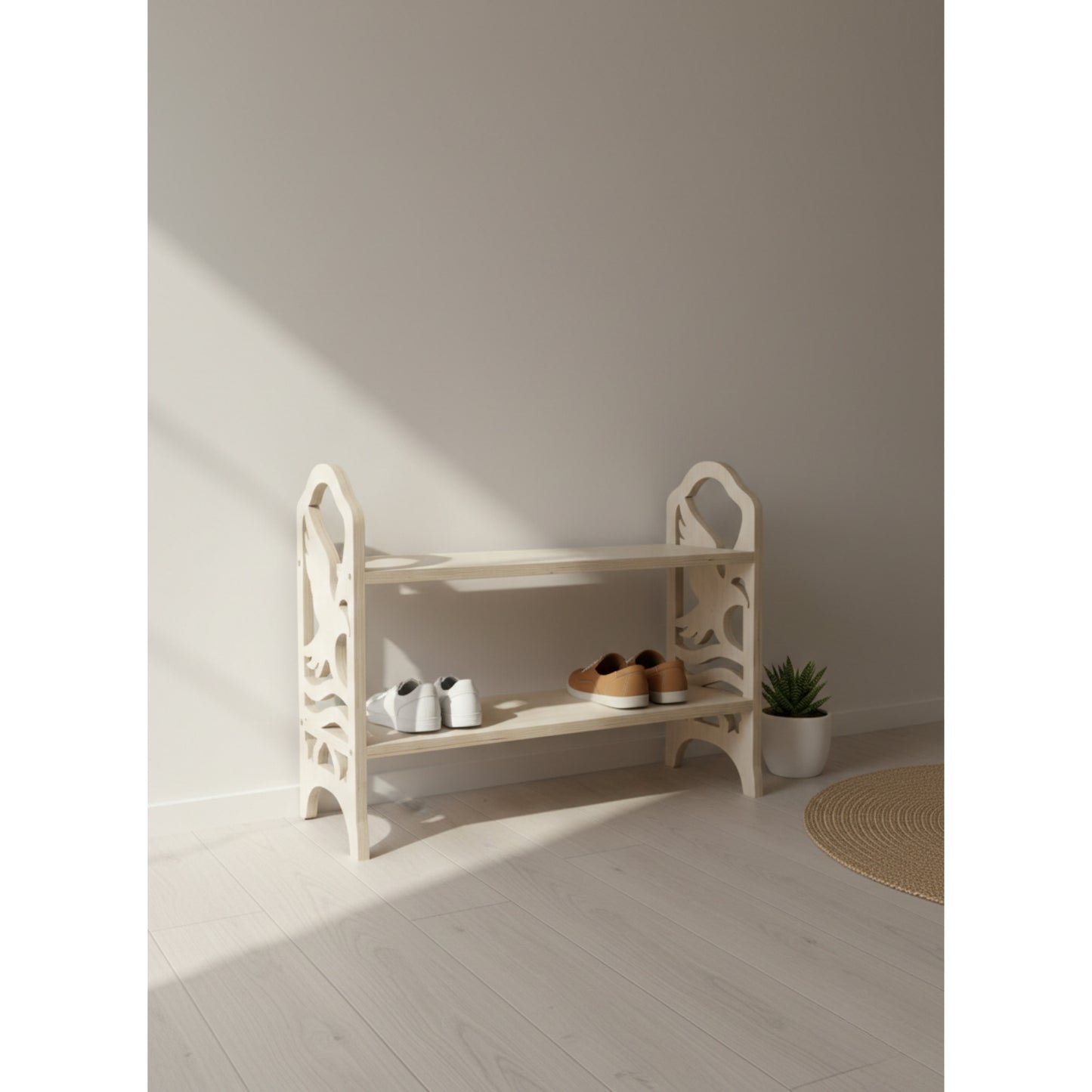 Handmade Wooden Shoe Rack with Eagle Cutout – 2 Tier, Natural Birch Plywood