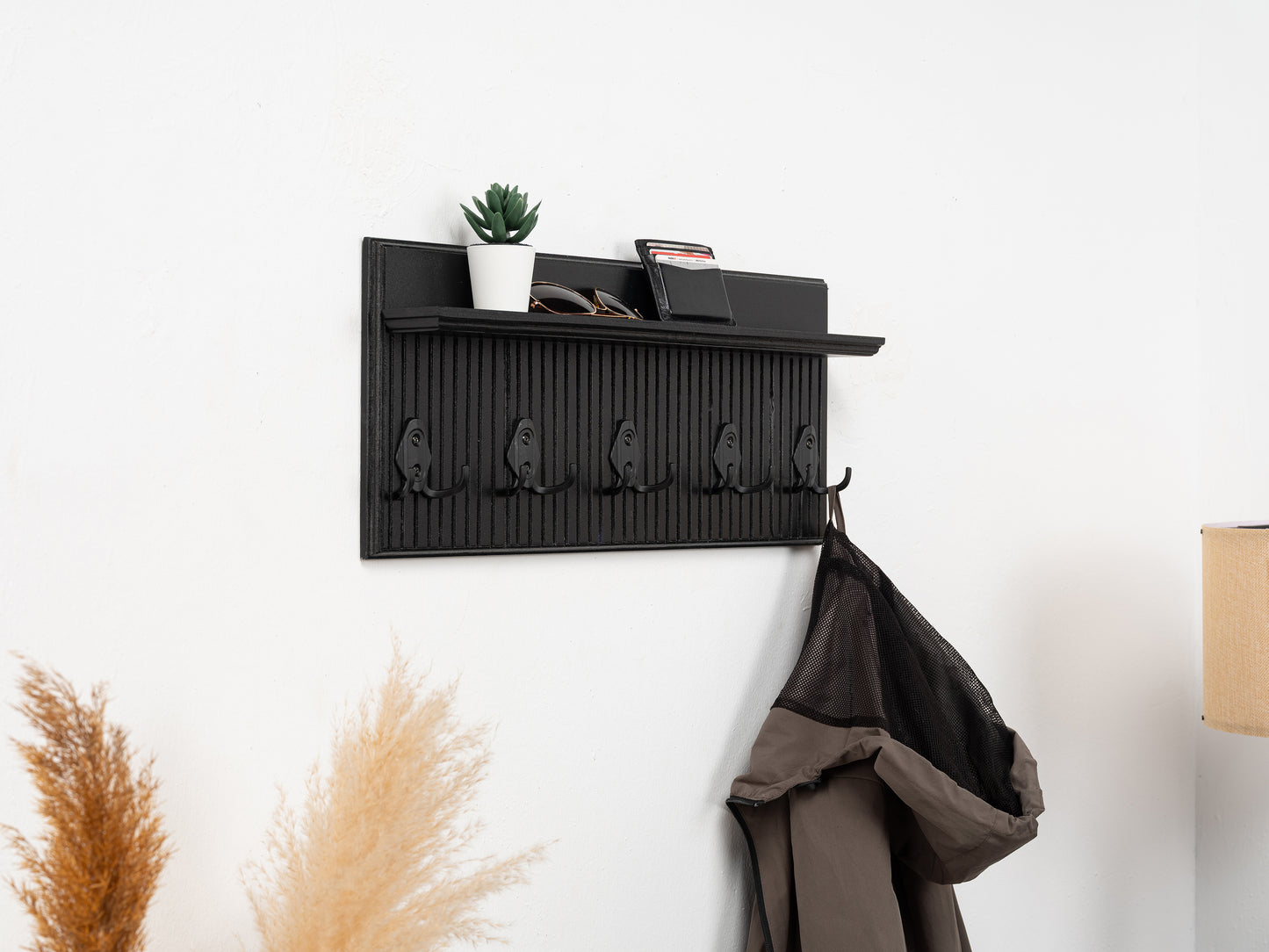 Rustic Wall Mounted Coat Rack with Shelf, Handmade Wooden Entryway Organizer with Hooks, Farmhouse Key Holder, Hallway Storage