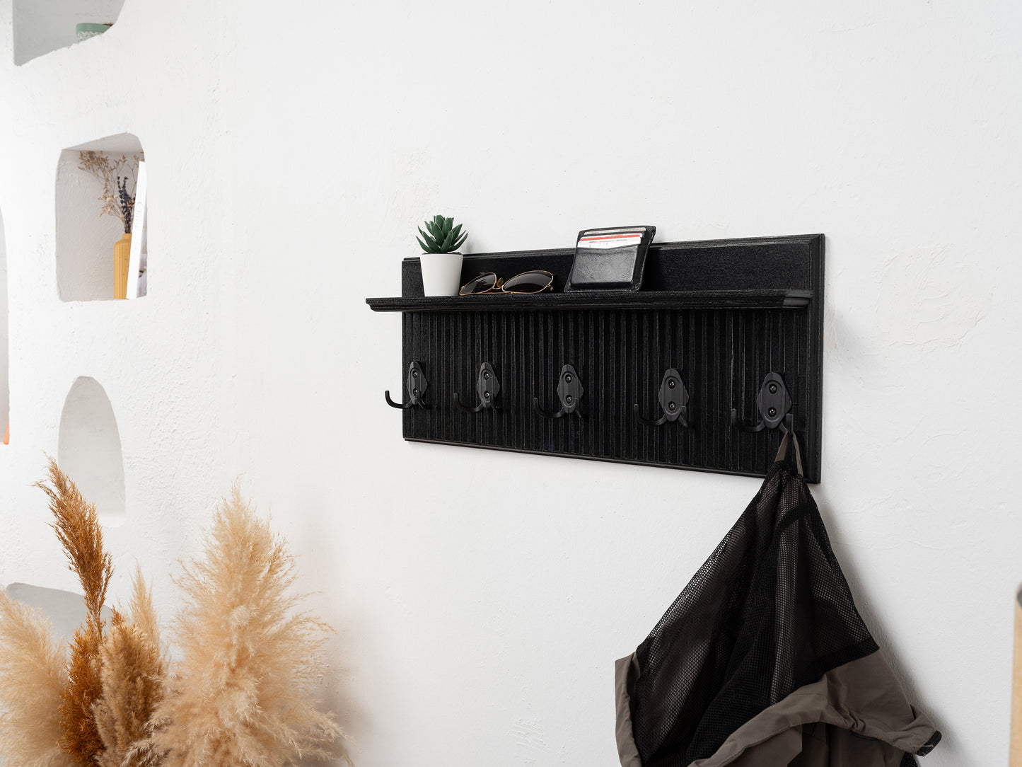 Rustic Wall Mounted Coat Rack with Shelf, Handmade Wooden Entryway Organizer with Hooks, Farmhouse Key Holder, Hallway Storage