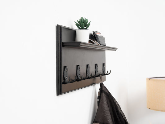 Rustic Wall Mounted Coat Rack with Shelf, Handmade Wooden Entryway Organizer with Hooks, Farmhouse Key Holder, Hallway Storage