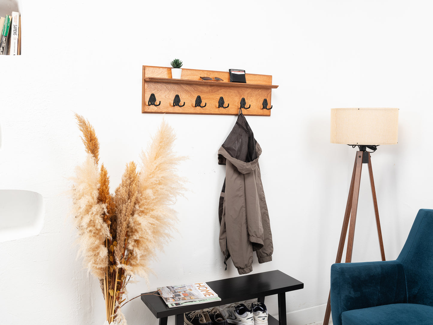 Rustic Wall Mounted Coat Rack with Shelf, Handmade Wooden Entryway Organizer with Hooks, Farmhouse Key Holder, Hallway Storage