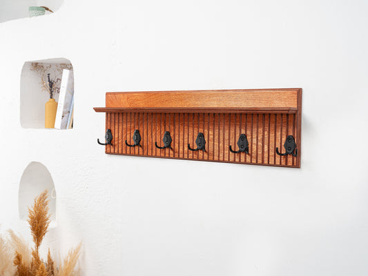Rustic Wall Mounted Coat Rack with Shelf, Handmade Wooden Entryway Organizer with Hooks, Farmhouse Key Holder, Hallway Storage